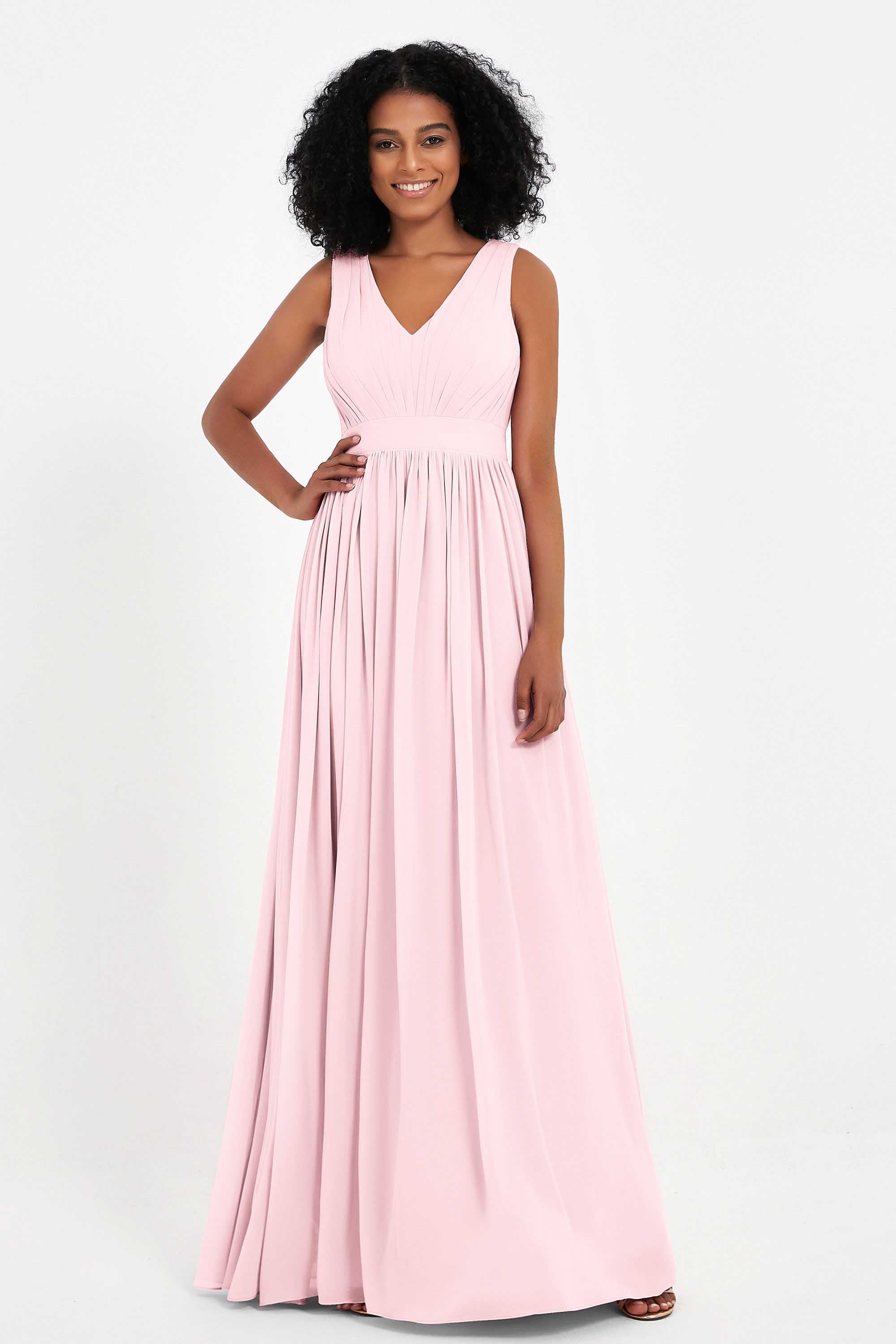 Modest Long Chiffon Bridesmaid Dress Sleeveless Pleated Ruched Formal Evening Dresses Gowns