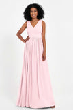 Modest Long Chiffon Bridesmaid Dress Sleeveless Pleated Ruched Formal Evening Dresses Gowns