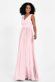 Modest Long Chiffon Bridesmaid Dress Sleeveless Pleated Ruched Formal Evening Dresses Gowns