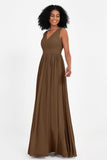 Modest Long Chiffon Bridesmaid Dress Sleeveless Pleated Ruched Formal Evening Dresses Gowns