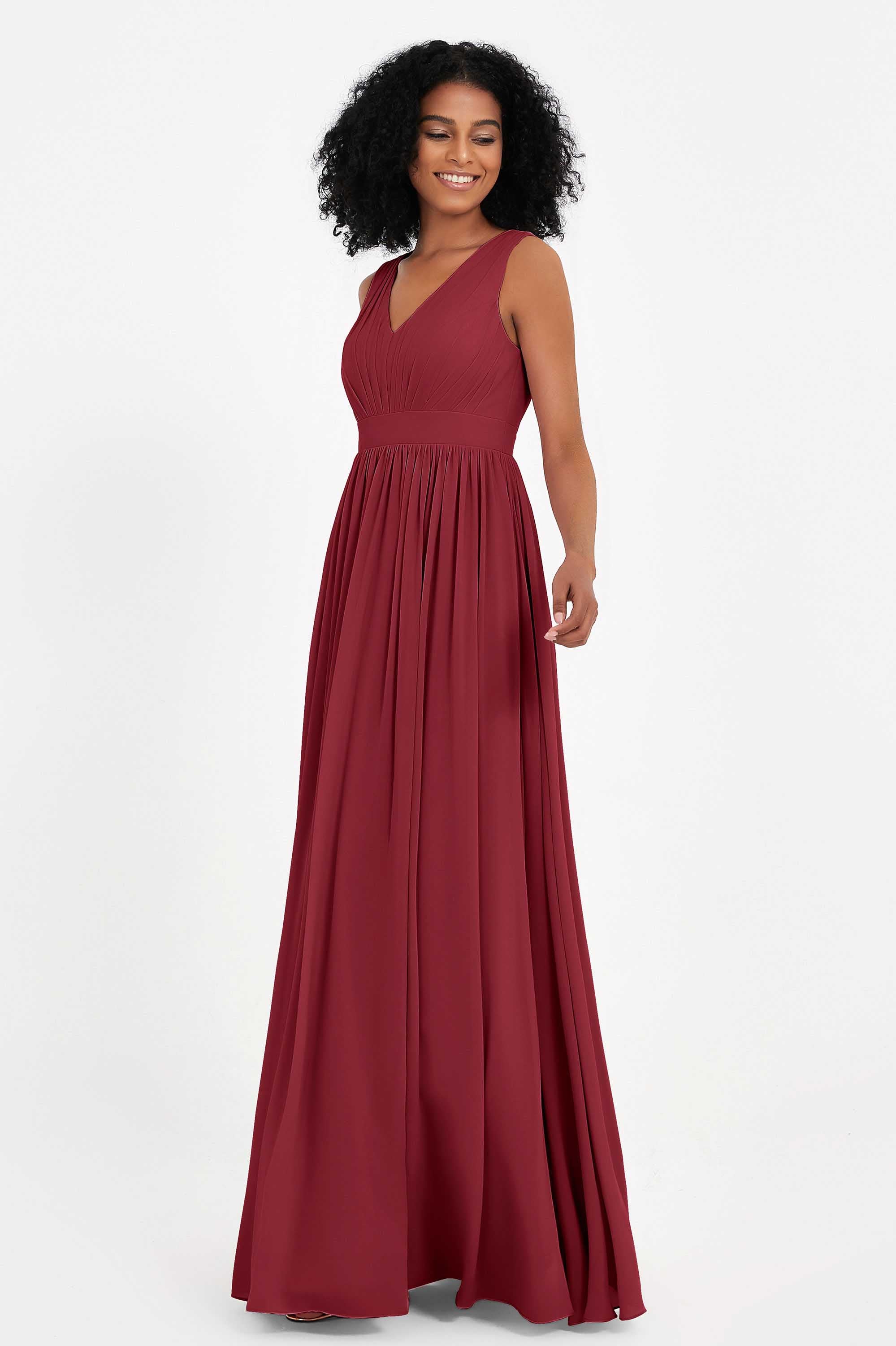 Modest Long Chiffon Bridesmaid Dress Sleeveless Pleated Ruched Formal Evening Dresses Gowns