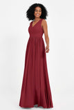 Modest Long Chiffon Bridesmaid Dress Sleeveless Pleated Ruched Formal Evening Dresses Gowns