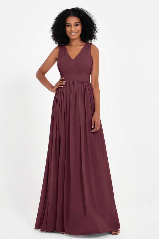 Modest Long Chiffon Bridesmaid Dress Sleeveless Pleated Ruched Formal Evening Dresses Gowns