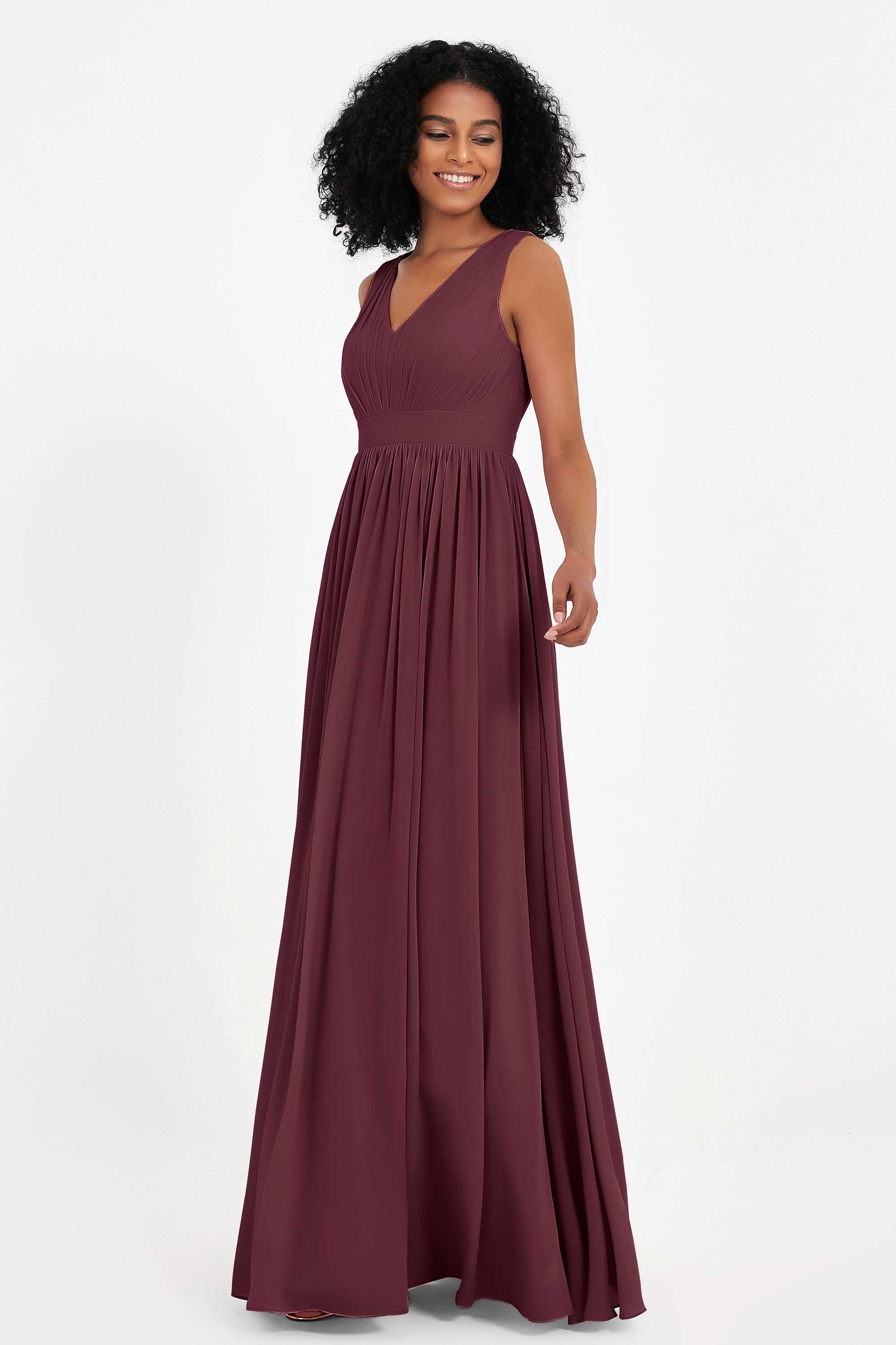 Modest Long Chiffon Bridesmaid Dress Sleeveless Pleated Ruched Formal Evening Dresses Gowns