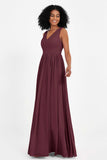 Modest Long Chiffon Bridesmaid Dress Sleeveless Pleated Ruched Formal Evening Dresses Gowns