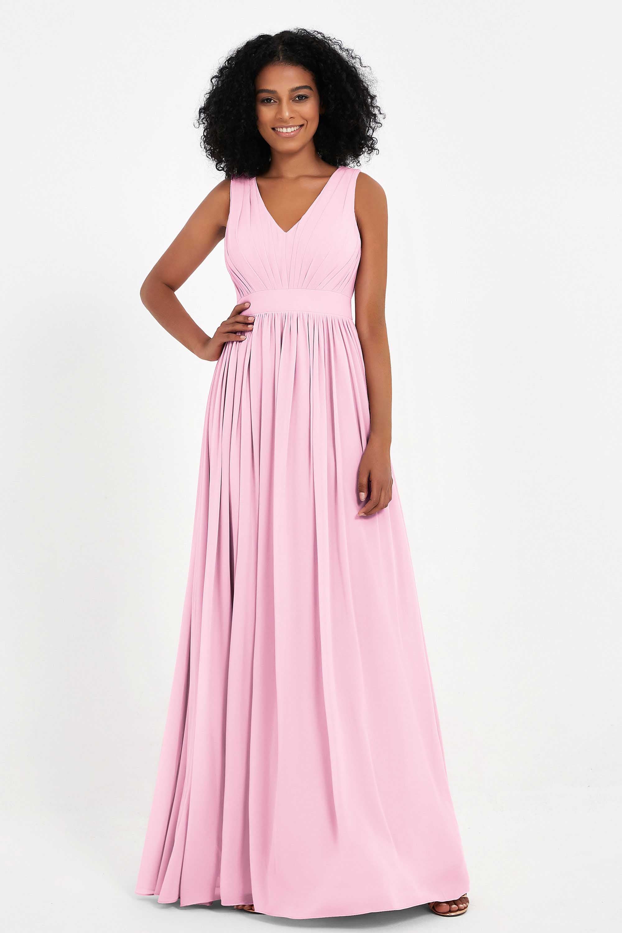 Modest Long Chiffon Bridesmaid Dress Sleeveless Pleated Ruched Formal Evening Dresses Gowns