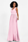 Modest Long Chiffon Bridesmaid Dress Sleeveless Pleated Ruched Formal Evening Dresses Gowns