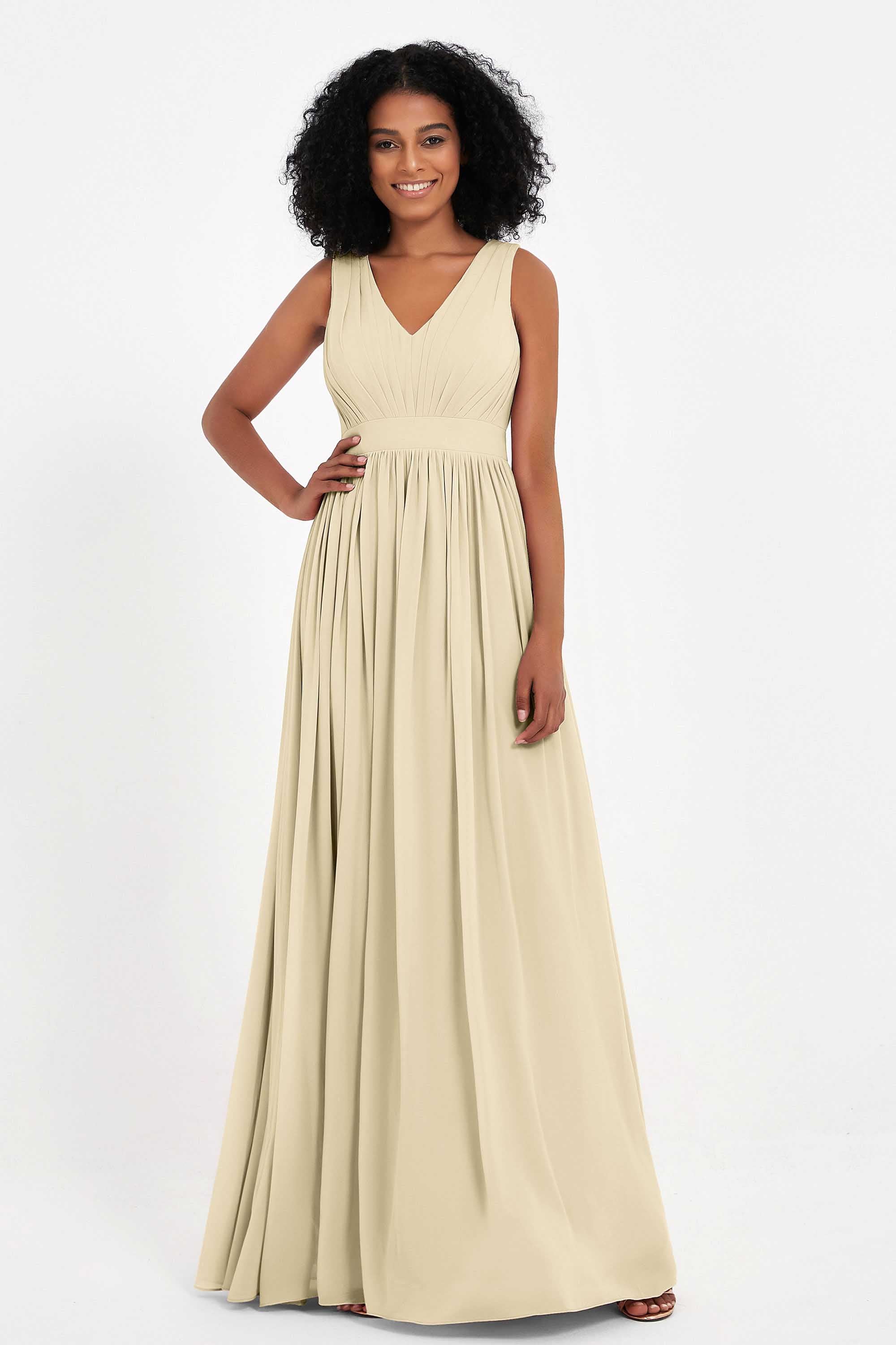 Modest Long Chiffon Bridesmaid Dress Sleeveless Pleated Ruched Formal Evening Dresses Gowns
