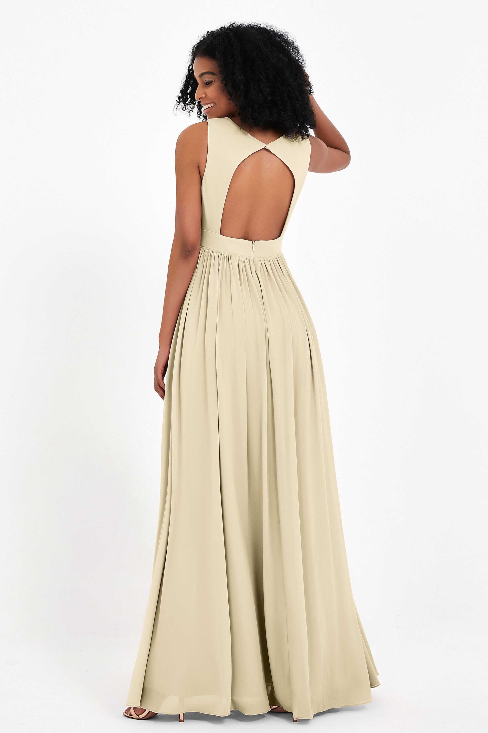 Modest Long Chiffon Bridesmaid Dress Sleeveless Pleated Ruched Formal Evening Dresses Gowns