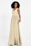 Modest Long Chiffon Bridesmaid Dress Sleeveless Pleated Ruched Formal Evening Dresses Gowns
