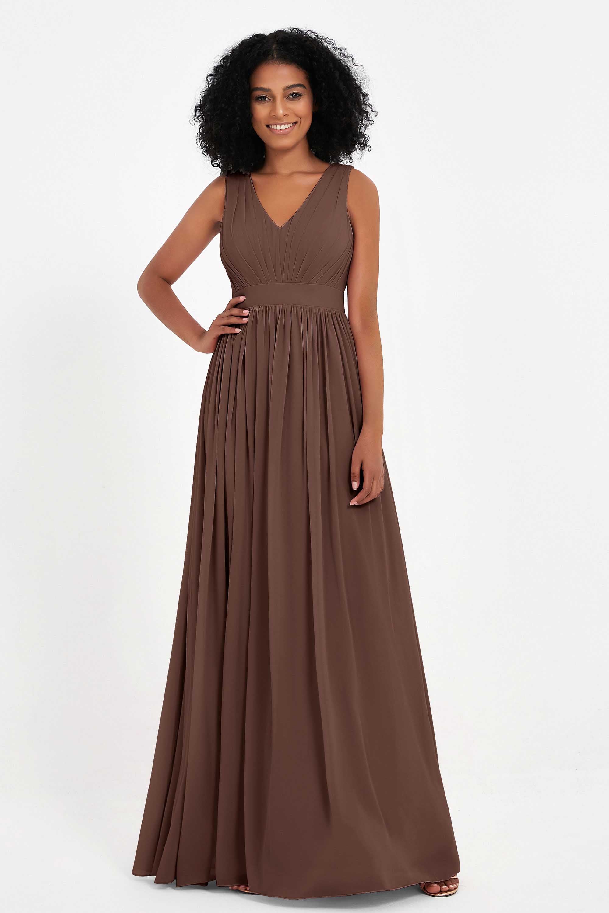 Modest Long Chiffon Bridesmaid Dress Sleeveless Pleated Ruched Formal Evening Dresses Gowns