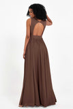 Modest Long Chiffon Bridesmaid Dress Sleeveless Pleated Ruched Formal Evening Dresses Gowns