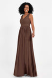 Modest Long Chiffon Bridesmaid Dress Sleeveless Pleated Ruched Formal Evening Dresses Gowns