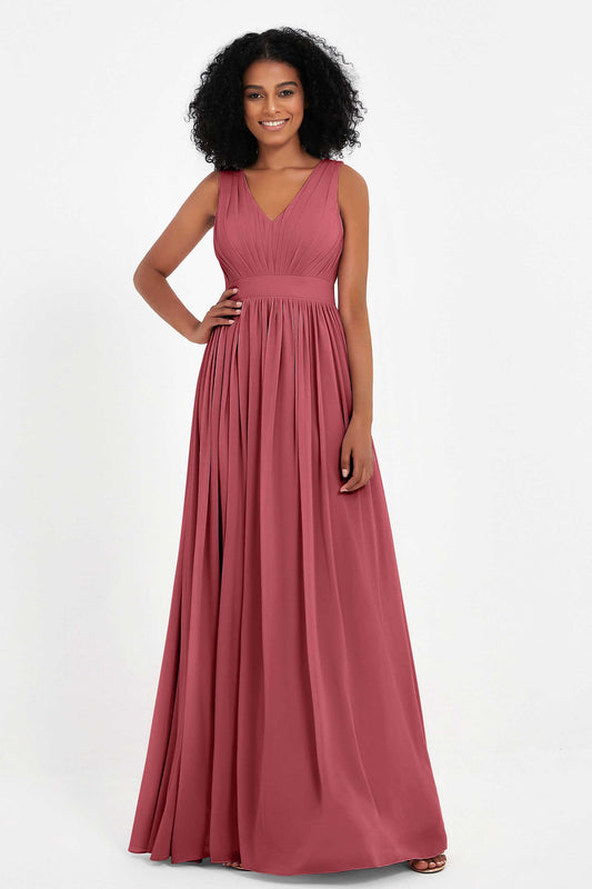 Modest Long Chiffon Bridesmaid Dress Sleeveless Pleated Ruched Formal Evening Dresses Gowns