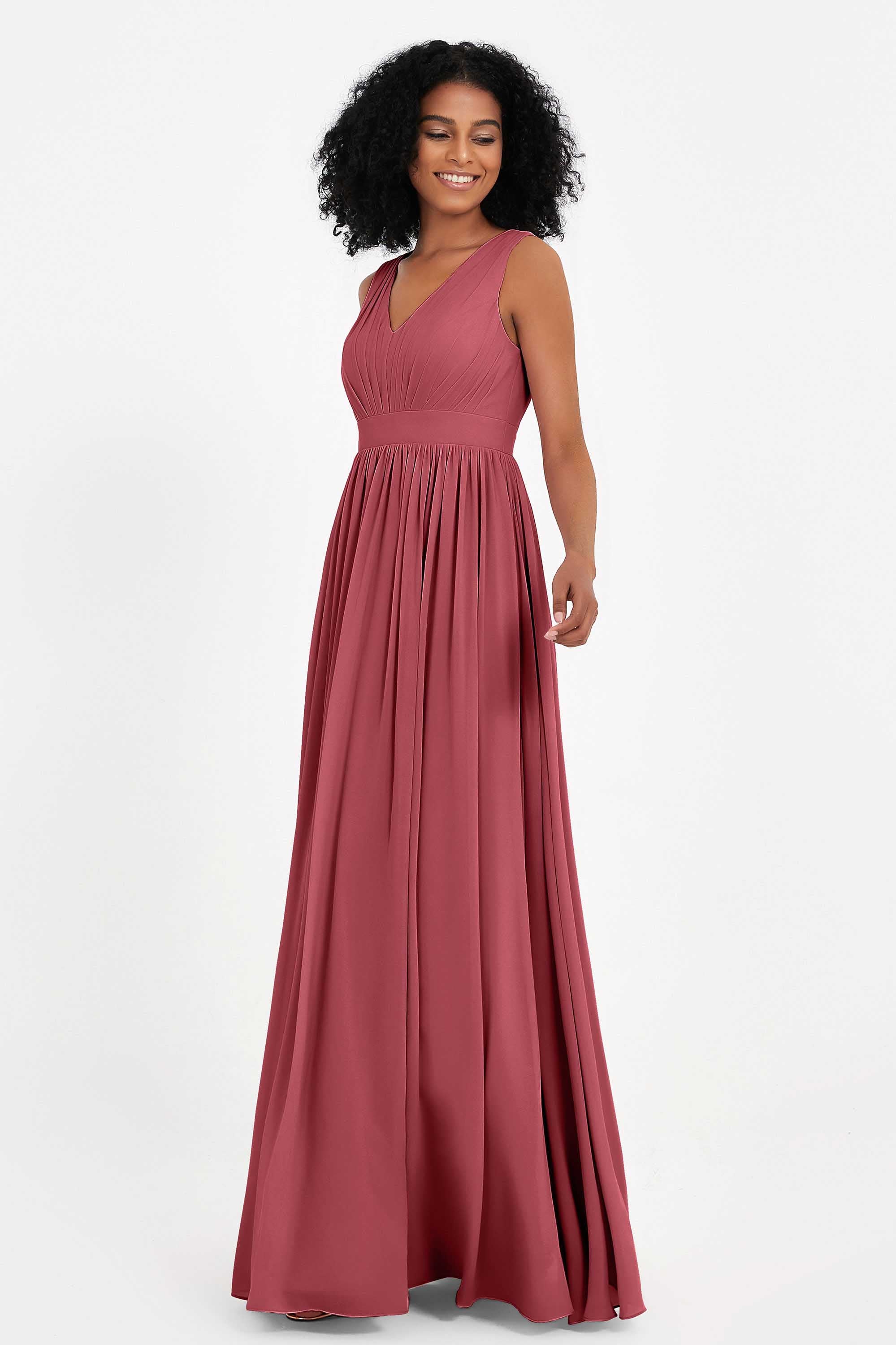Modest Long Chiffon Bridesmaid Dress Sleeveless Pleated Ruched Formal Evening Dresses Gowns