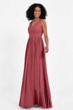 Modest Long Chiffon Bridesmaid Dress Sleeveless Pleated Ruched Formal Evening Dresses Gowns