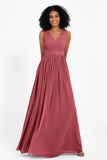 Modest Long Chiffon Bridesmaid Dress Sleeveless Pleated Ruched Formal Evening Dresses Gowns