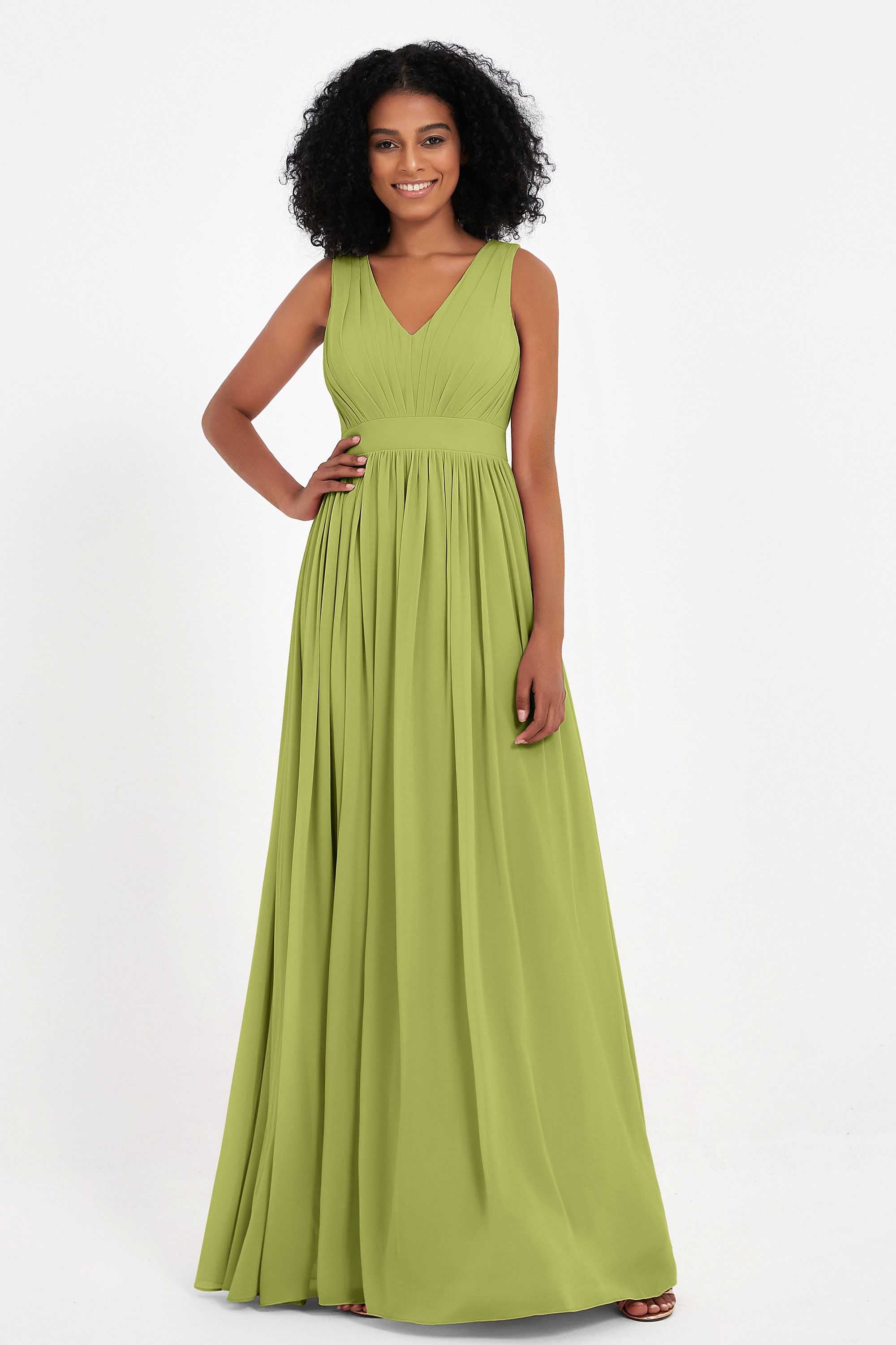 Modest Long Chiffon Bridesmaid Dress Sleeveless Pleated Ruched Formal Evening Dresses Gowns