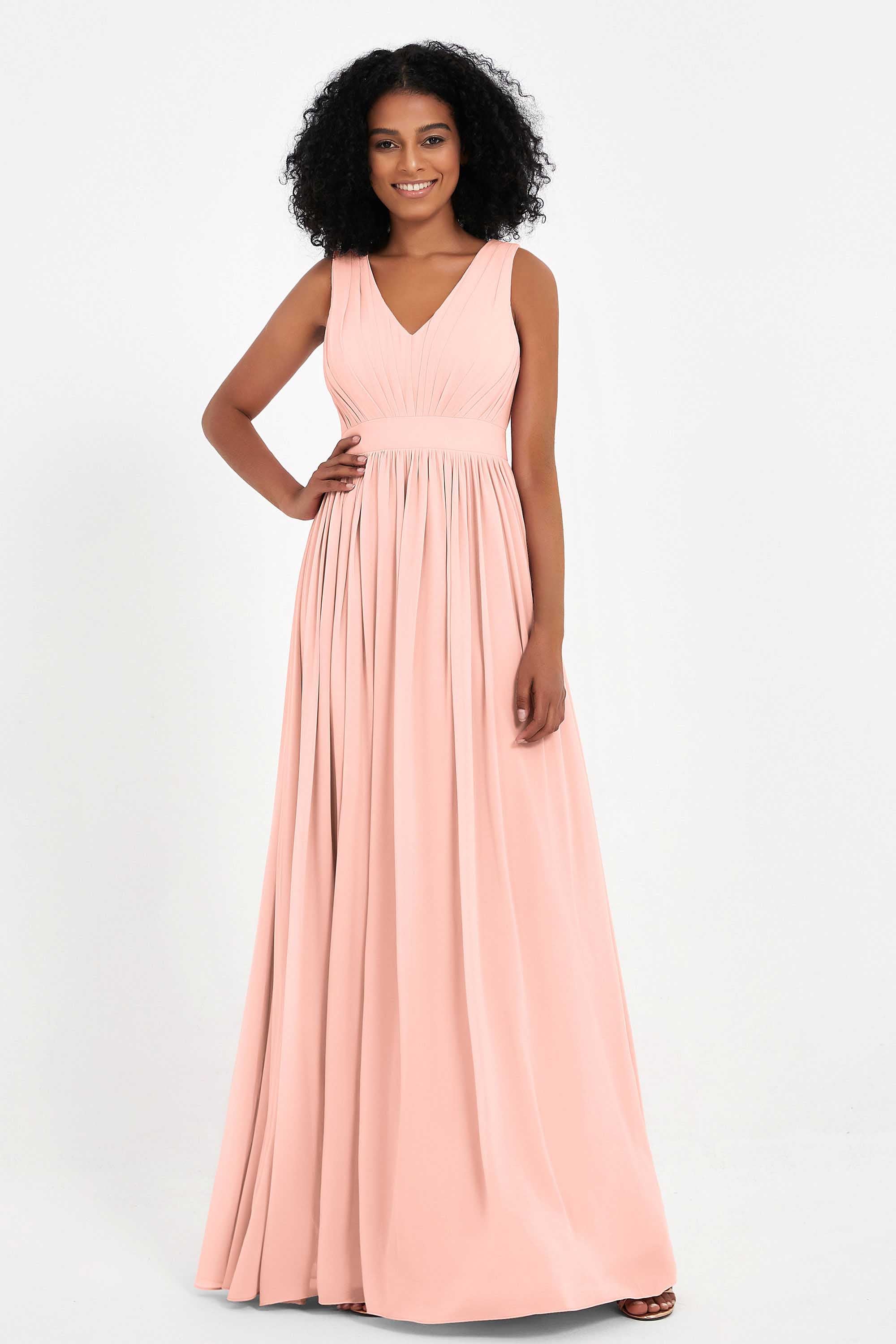 Modest Long Chiffon Bridesmaid Dress Sleeveless Pleated Ruched Formal Evening Dresses Gowns