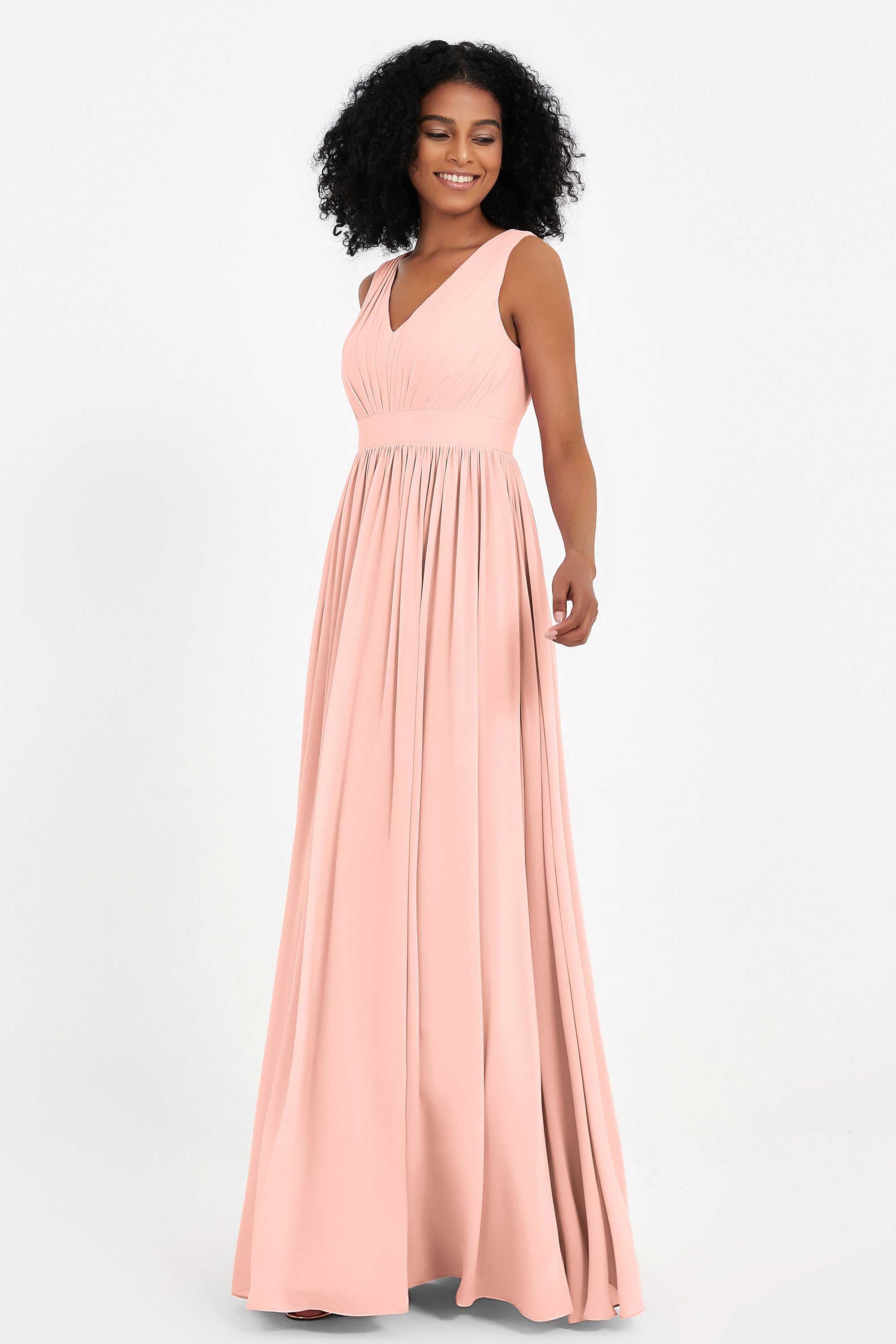 Modest Long Chiffon Bridesmaid Dress Sleeveless Pleated Ruched Formal Evening Dresses Gowns