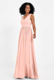 Modest Long Chiffon Bridesmaid Dress Sleeveless Pleated Ruched Formal Evening Dresses Gowns