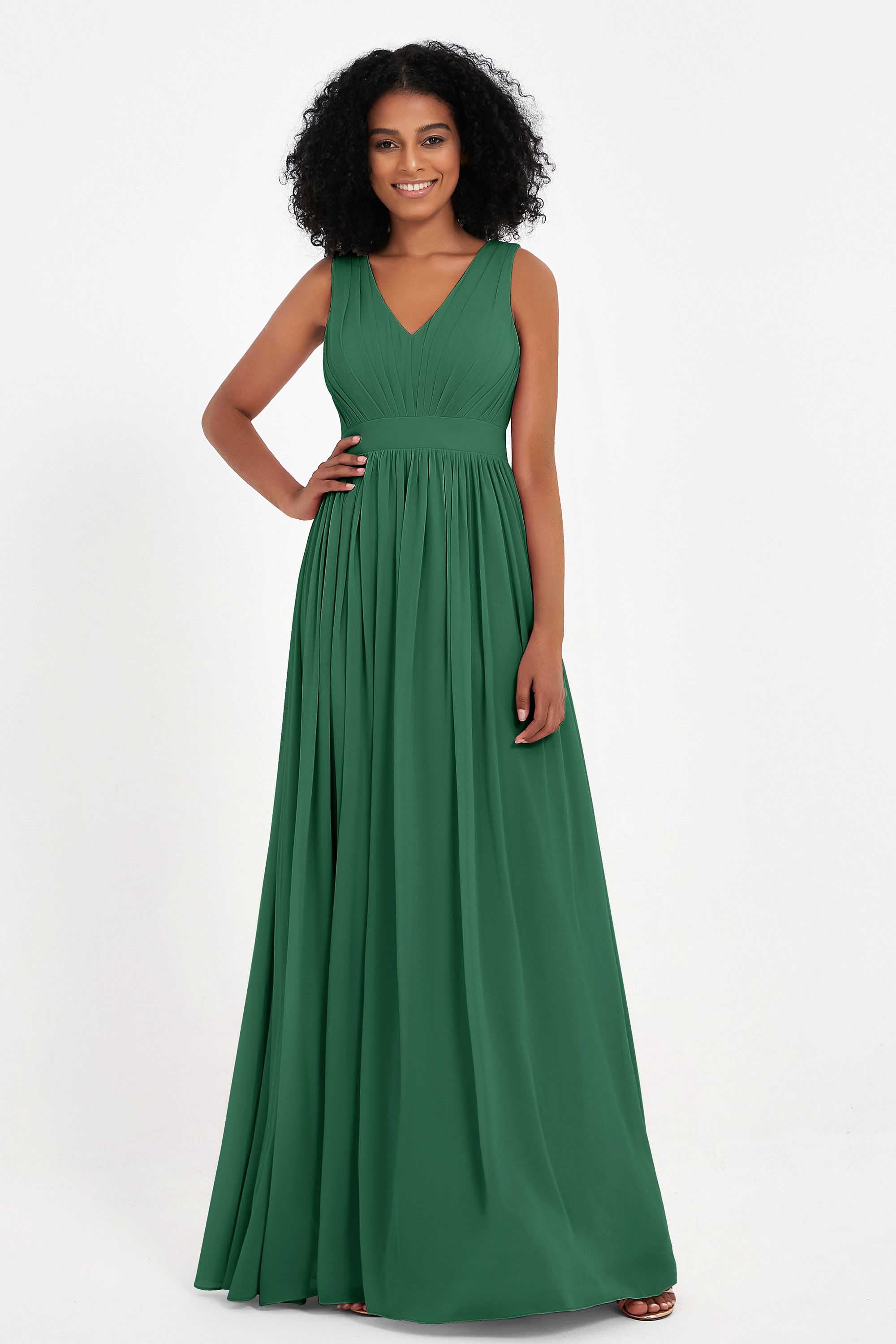 Modest Long Chiffon Bridesmaid Dress Sleeveless Pleated Ruched Formal Evening Dresses Gowns