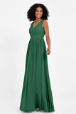 Modest Long Chiffon Bridesmaid Dress Sleeveless Pleated Ruched Formal Evening Dresses Gowns