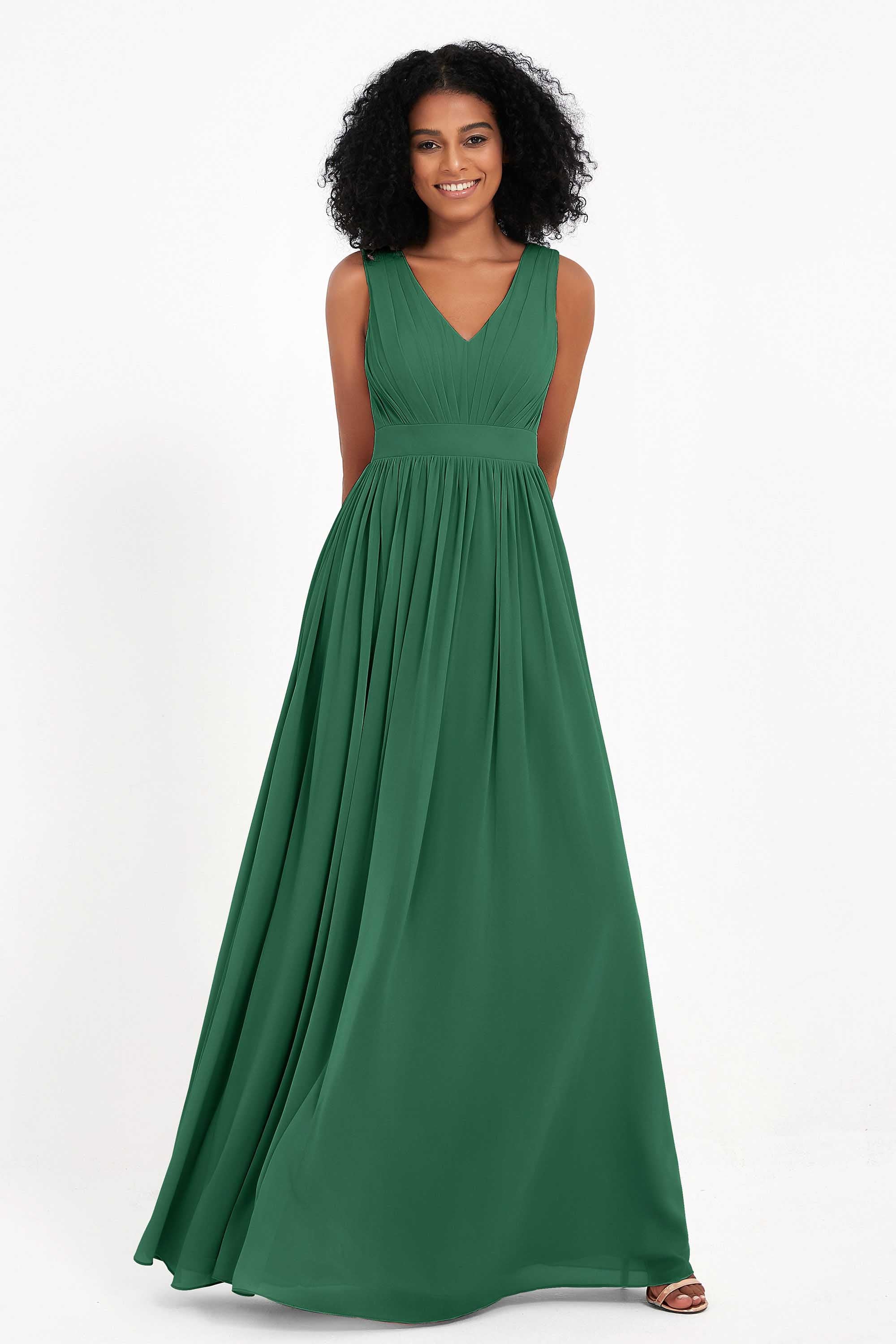 Modest Long Chiffon Bridesmaid Dress Sleeveless Pleated Ruched Formal Evening Dresses Gowns