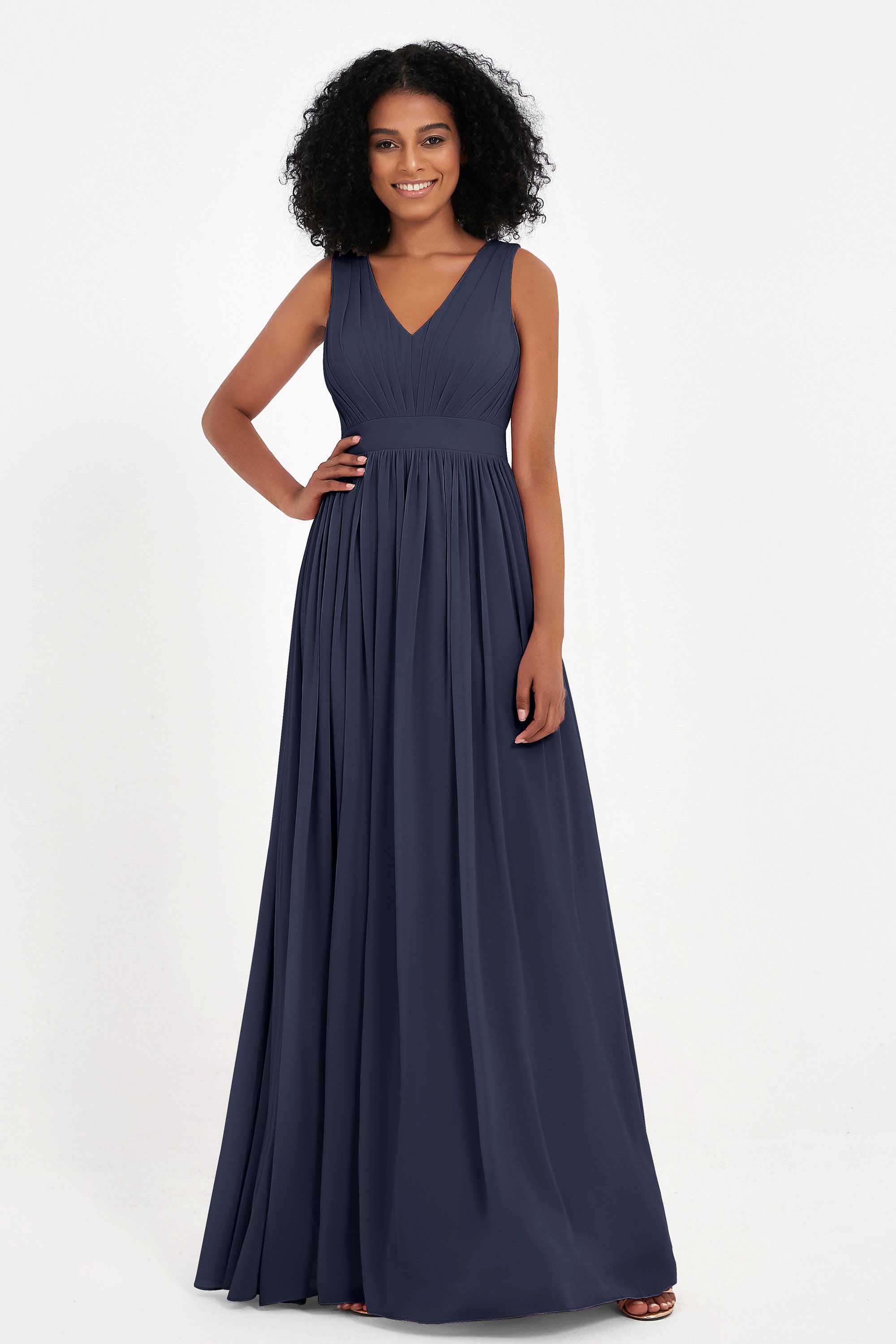 Modest Long Chiffon Bridesmaid Dress Sleeveless Pleated Ruched Formal Evening Dresses Gowns