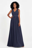 Modest Long Chiffon Bridesmaid Dress Sleeveless Pleated Ruched Formal Evening Dresses Gowns