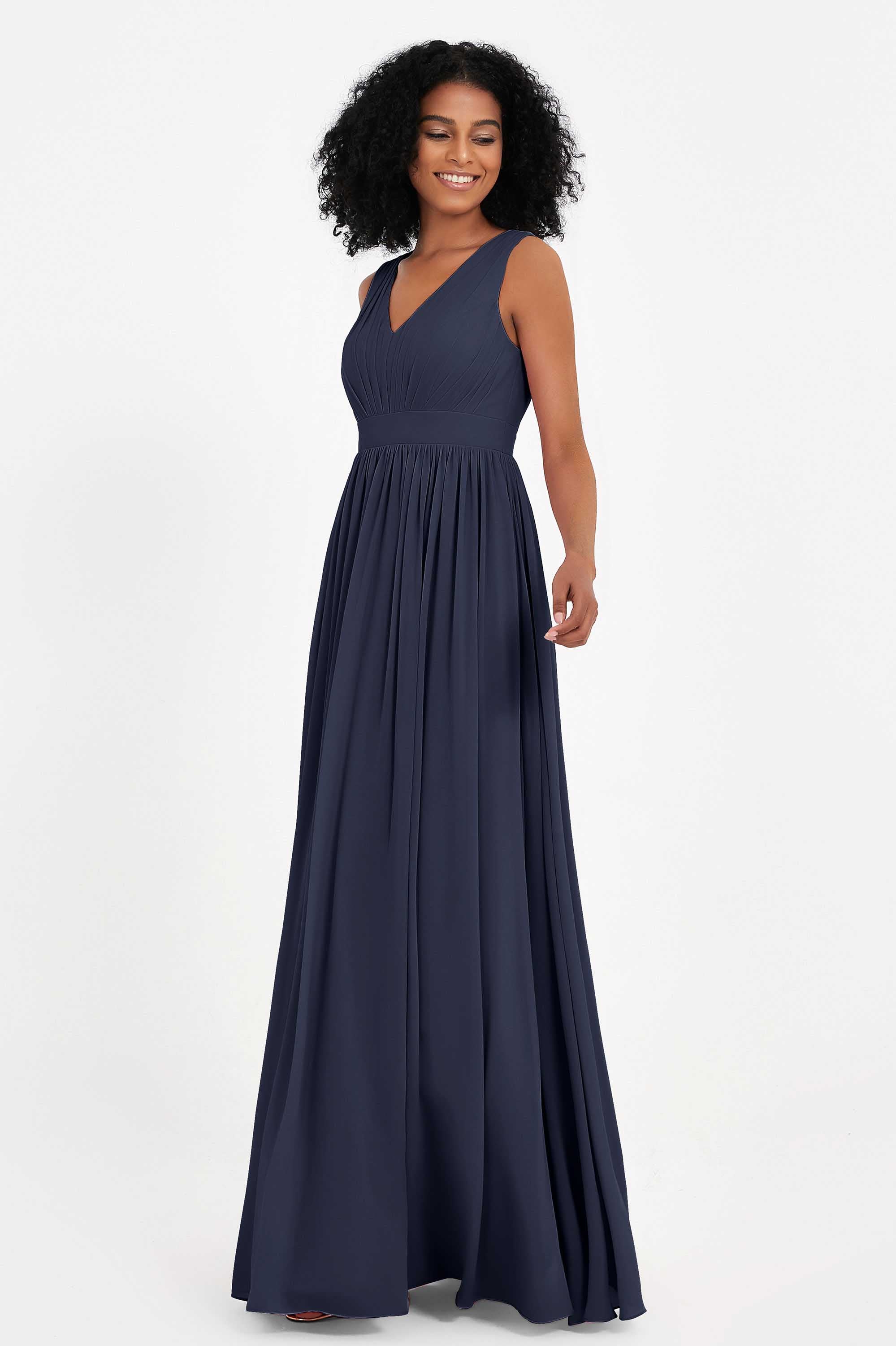Modest Long Chiffon Bridesmaid Dress Sleeveless Pleated Ruched Formal Evening Dresses Gowns