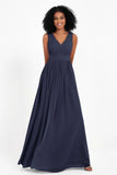 Modest Long Chiffon Bridesmaid Dress Sleeveless Pleated Ruched Formal Evening Dresses Gowns