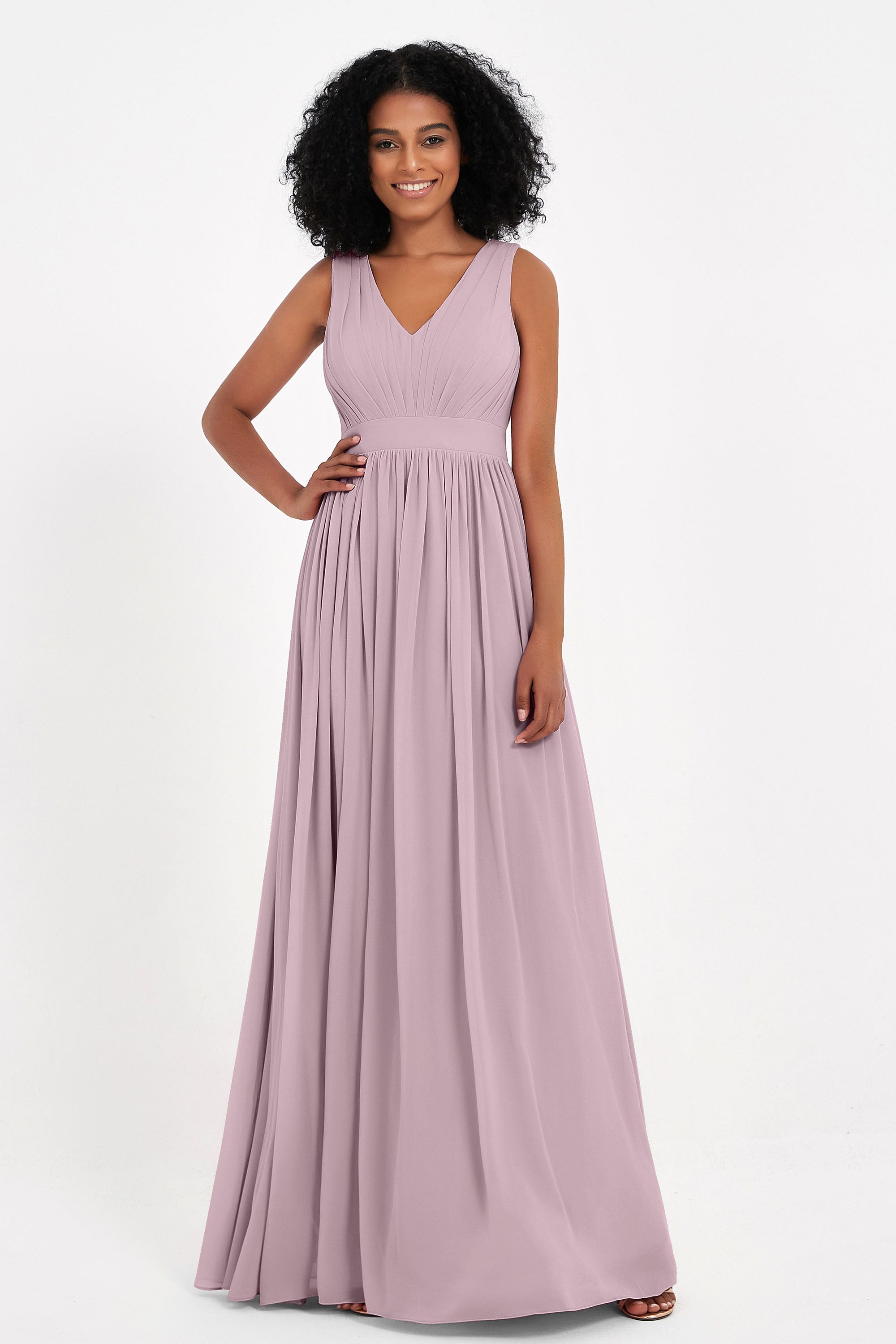 Modest Long Chiffon Bridesmaid Dress Sleeveless Pleated Ruched Formal Evening Dresses Gowns