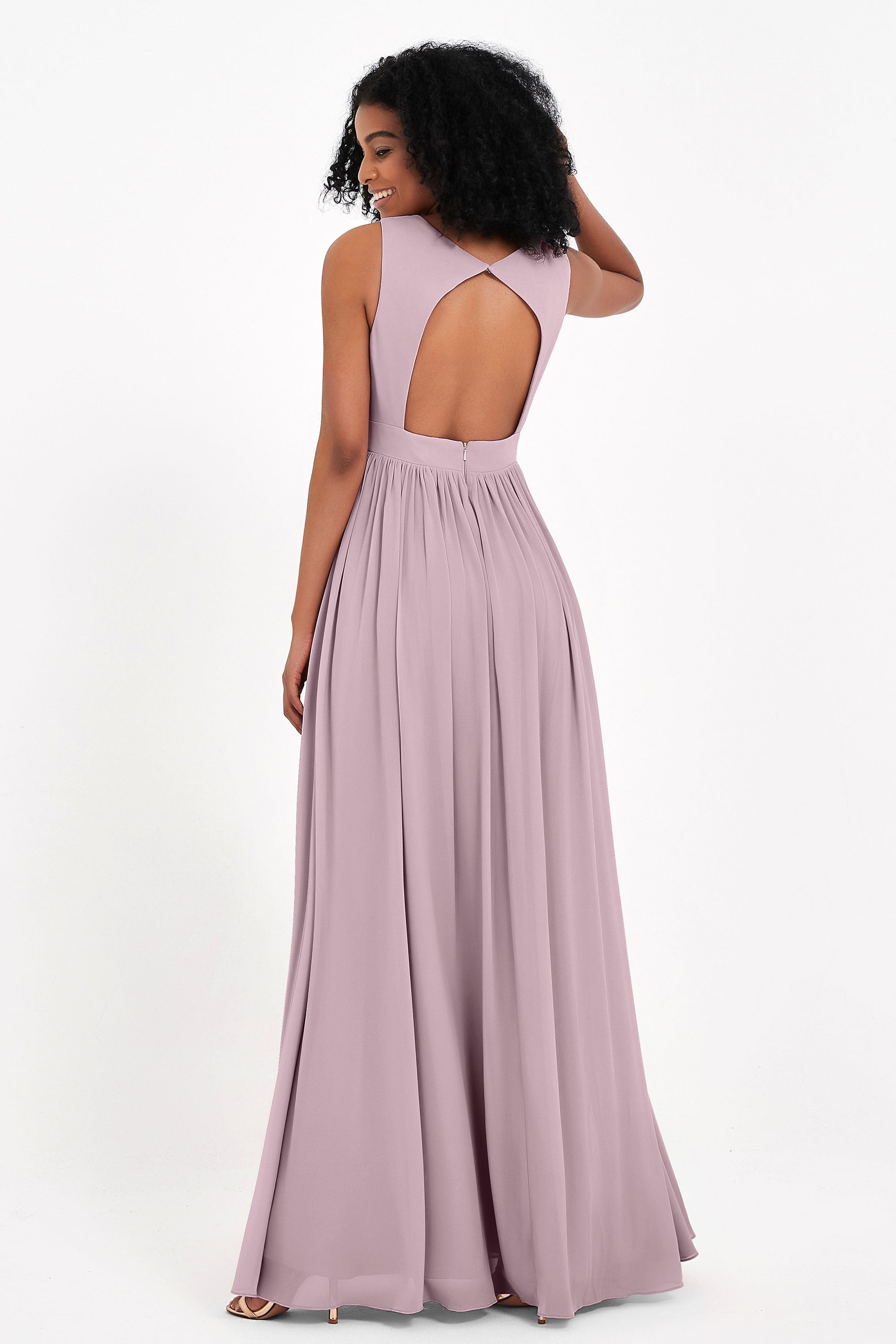 Modest Long Chiffon Bridesmaid Dress Sleeveless Pleated Ruched Formal Evening Dresses Gowns