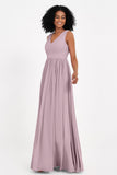 Modest Long Chiffon Bridesmaid Dress Sleeveless Pleated Ruched Formal Evening Dresses Gowns