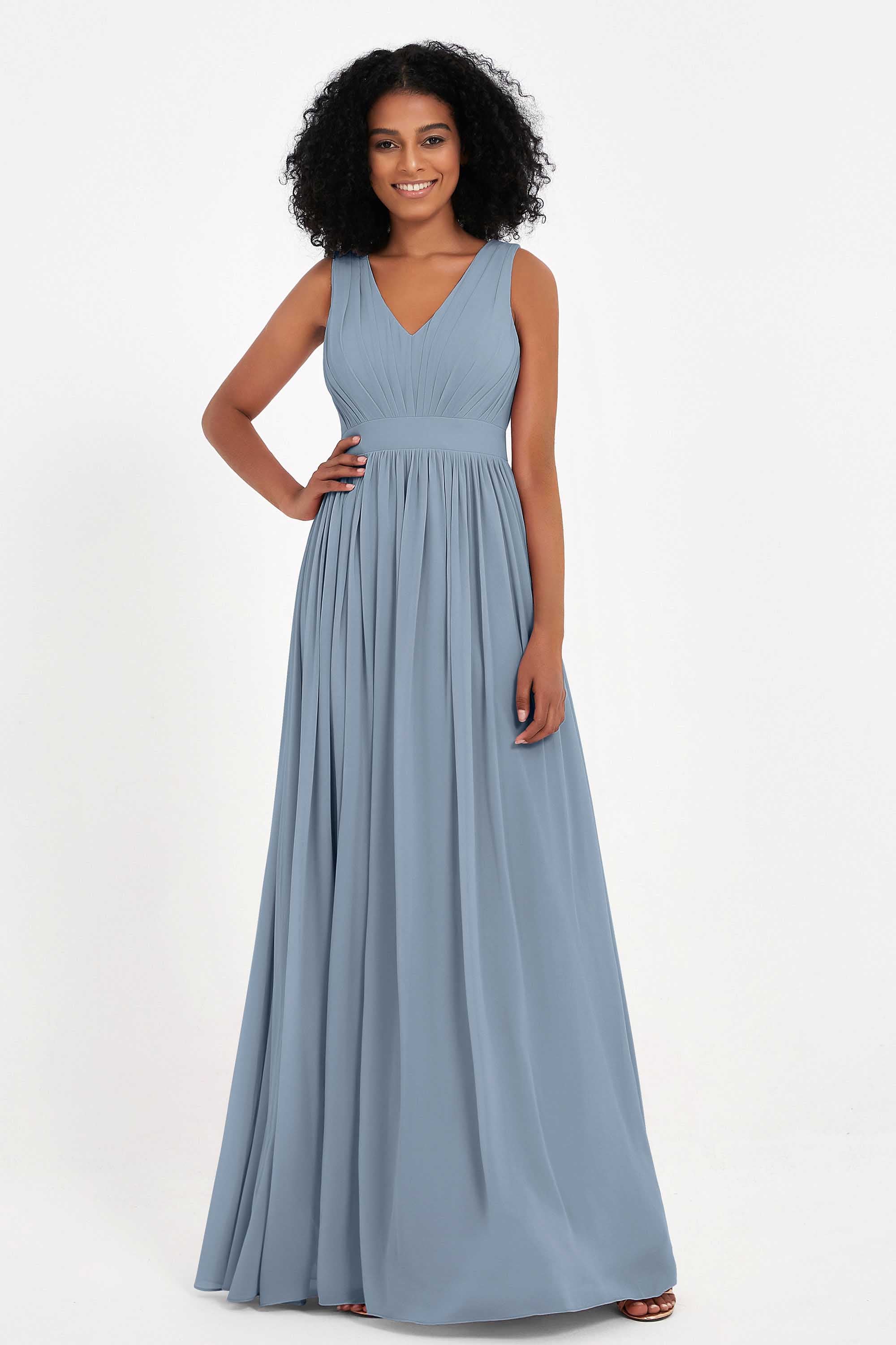 Modest Long Chiffon Bridesmaid Dress Sleeveless Pleated Ruched Formal Evening Dresses Gowns