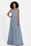 Modest Long Chiffon Bridesmaid Dress Sleeveless Pleated Ruched Formal Evening Dresses Gowns