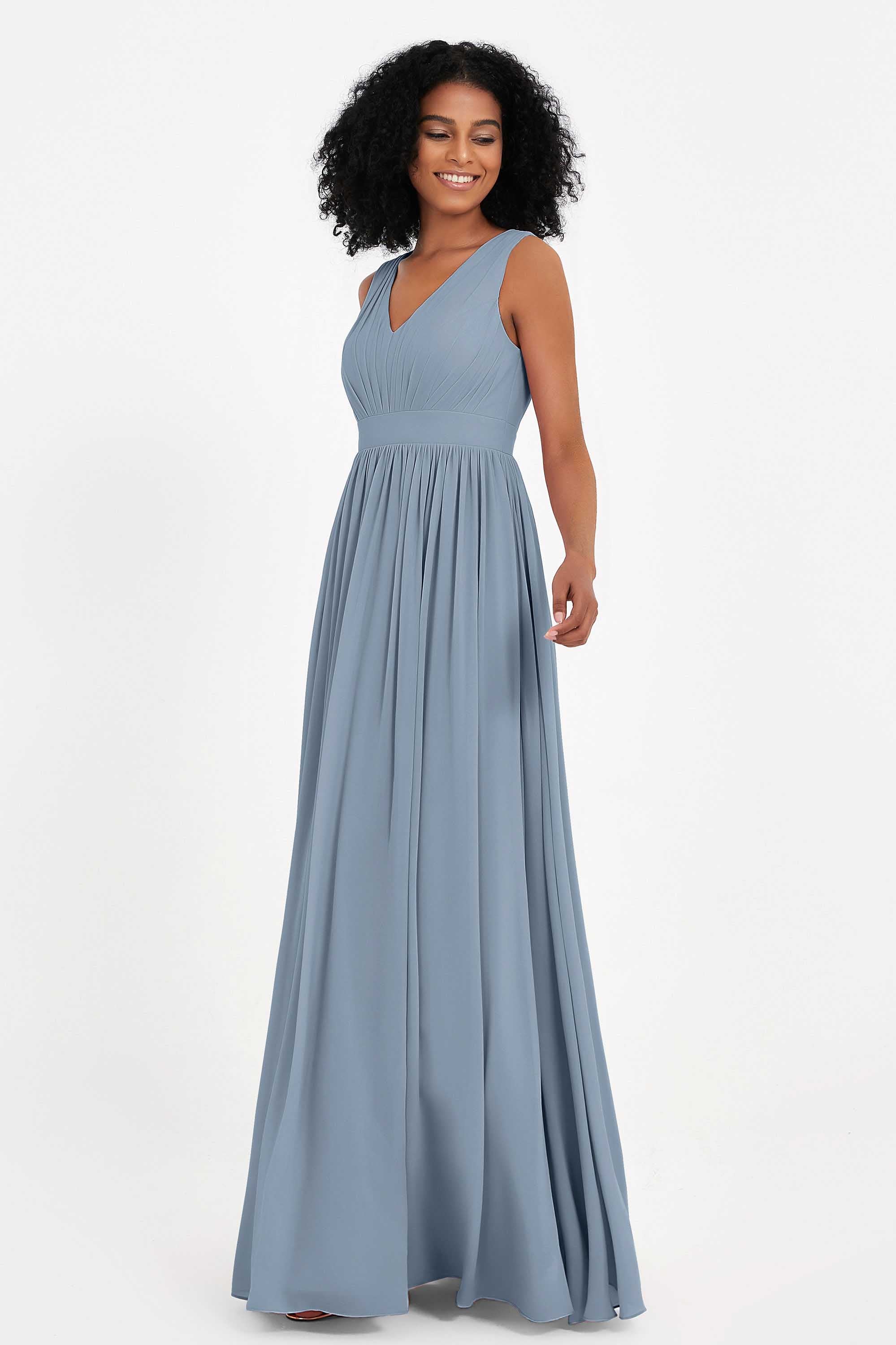 Modest Long Chiffon Bridesmaid Dress Sleeveless Pleated Ruched Formal Evening Dresses Gowns