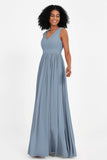 Modest Long Chiffon Bridesmaid Dress Sleeveless Pleated Ruched Formal Evening Dresses Gowns