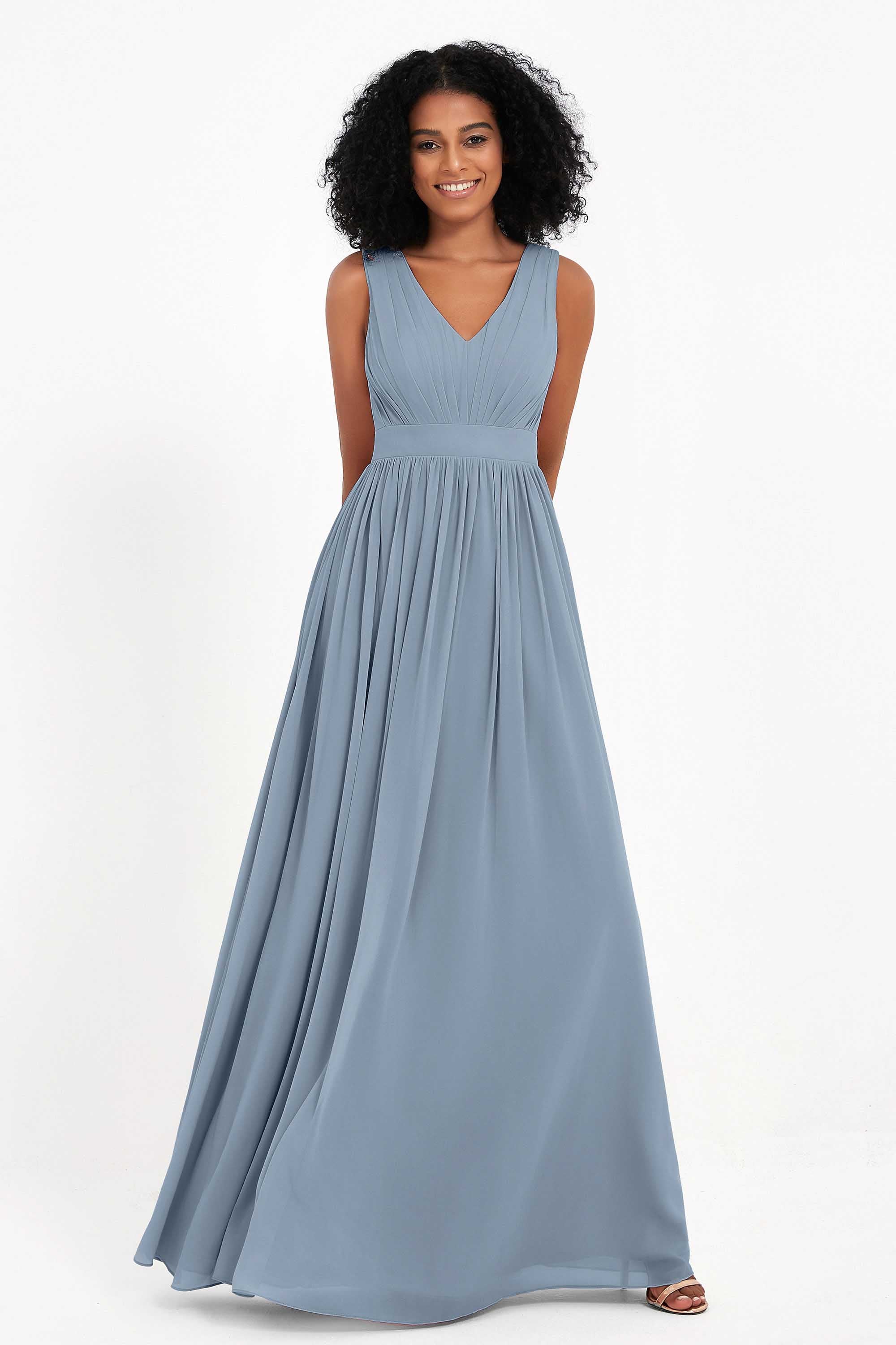 Modest Long Chiffon Bridesmaid Dress Sleeveless Pleated Ruched Formal Evening Dresses Gowns