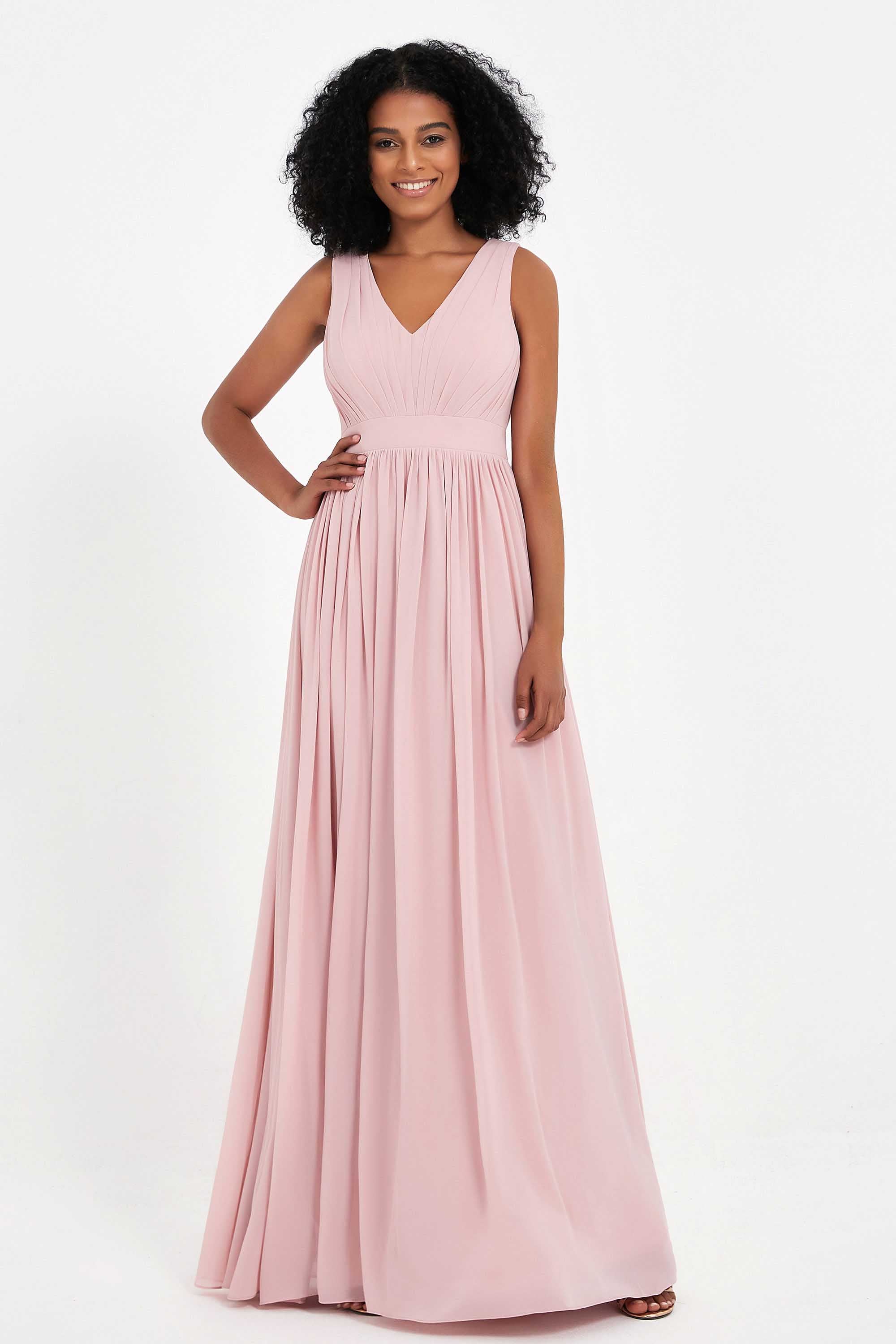 Modest Long Chiffon Bridesmaid Dress Sleeveless Pleated Ruched Formal Evening Dresses Gowns
