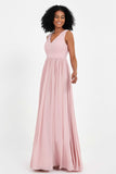 Modest Long Chiffon Bridesmaid Dress Sleeveless Pleated Ruched Formal Evening Dresses Gowns