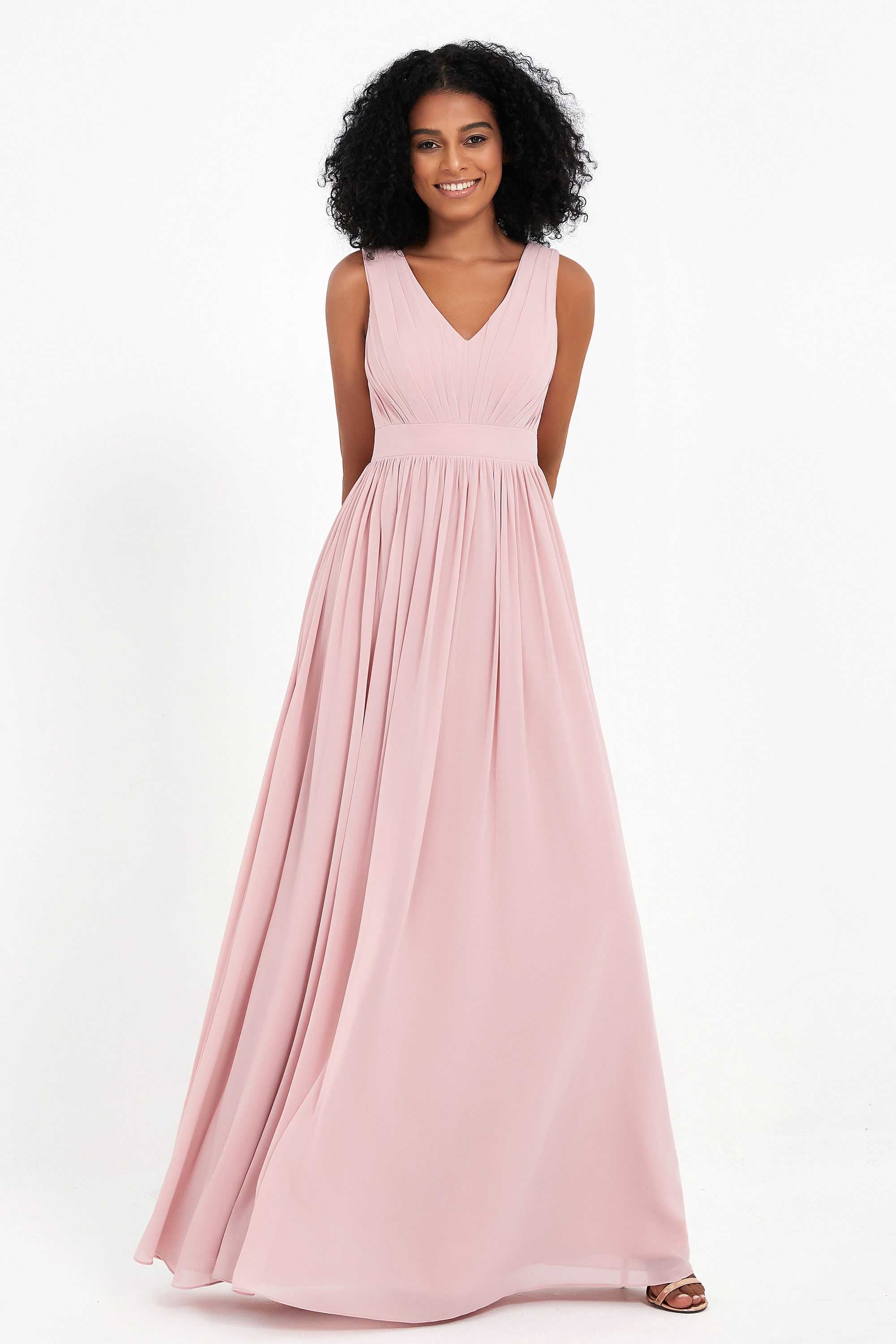 Modest Long Chiffon Bridesmaid Dress Sleeveless Pleated Ruched Formal Evening Dresses Gowns