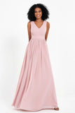 Modest Long Chiffon Bridesmaid Dress Sleeveless Pleated Ruched Formal Evening Dresses Gowns