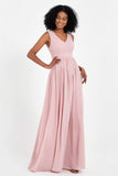 Modest Long Chiffon Bridesmaid Dress Sleeveless Pleated Ruched Formal Evening Dresses Gowns