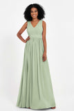 Modest Long Chiffon Bridesmaid Dress Sleeveless Pleated Ruched Formal Evening Dresses Gowns