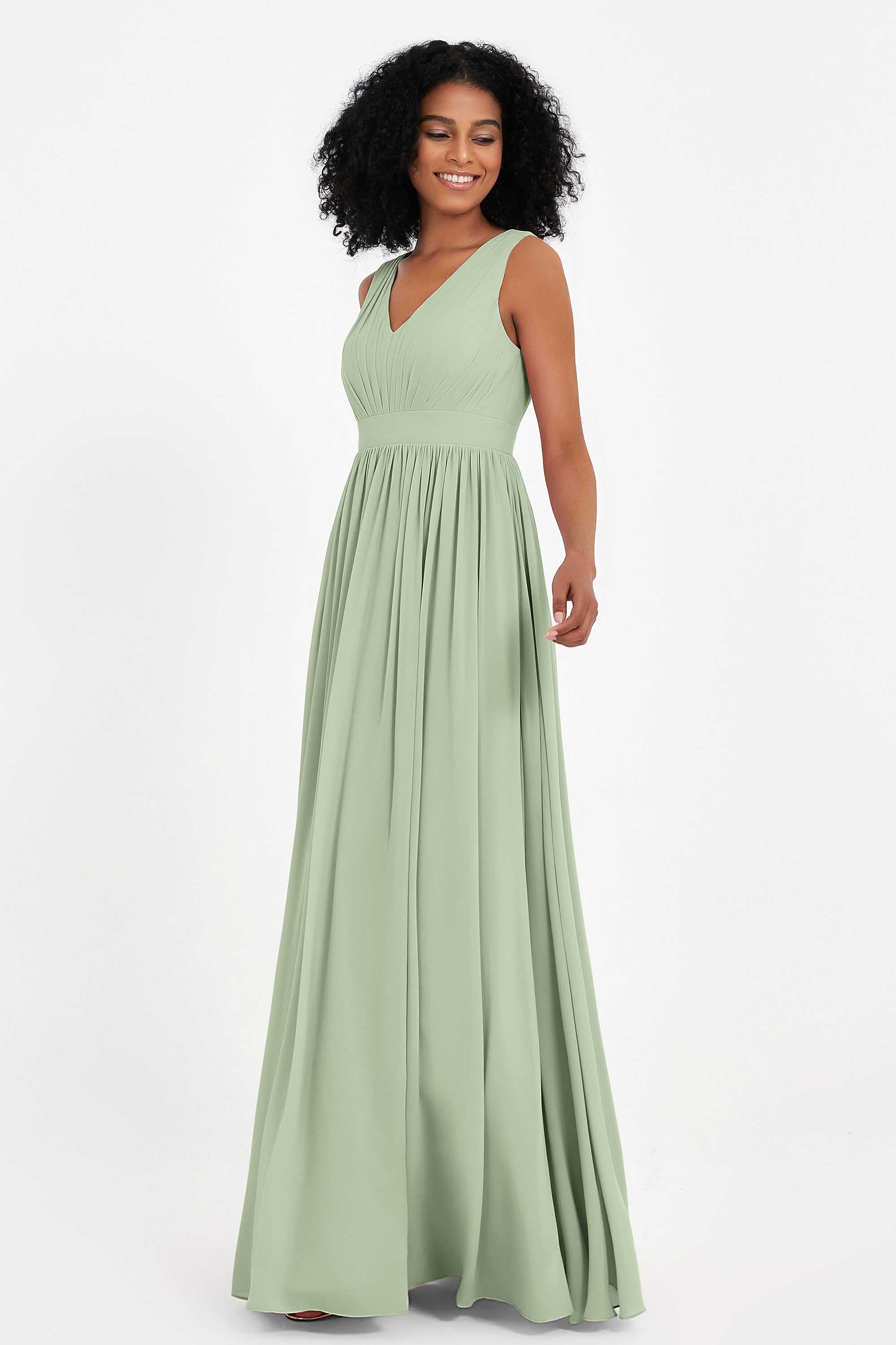 Modest Long Chiffon Bridesmaid Dress Sleeveless Pleated Ruched Formal Evening Dresses Gowns