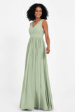 Modest Long Chiffon Bridesmaid Dress Sleeveless Pleated Ruched Formal Evening Dresses Gowns