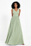 Modest Long Chiffon Bridesmaid Dress Sleeveless Pleated Ruched Formal Evening Dresses Gowns