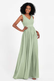 Modest Long Chiffon Bridesmaid Dress Sleeveless Pleated Ruched Formal Evening Dresses Gowns
